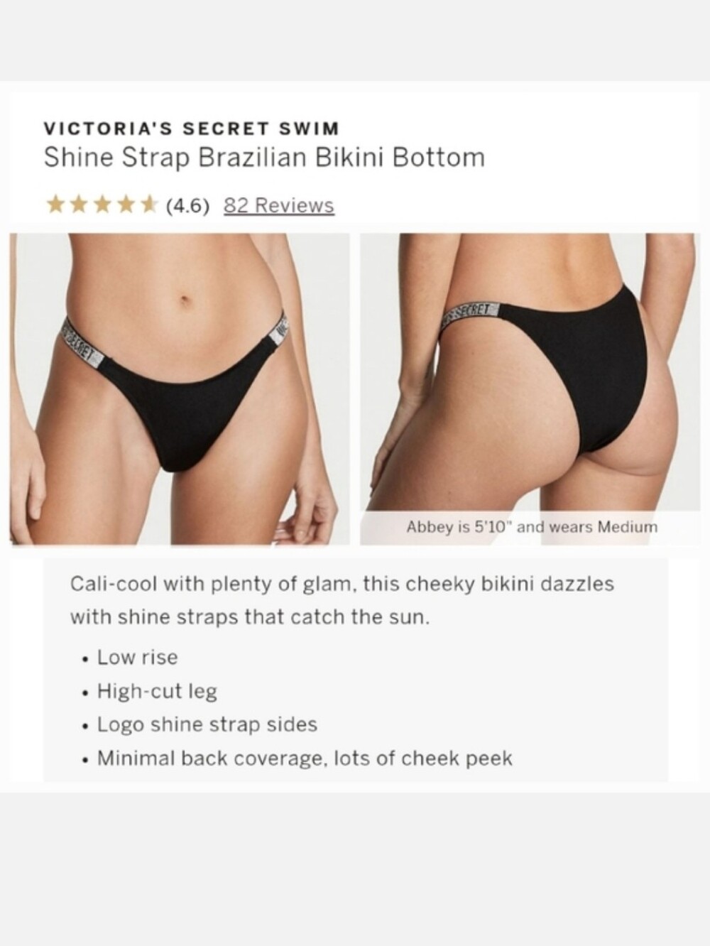 Victoria's secret shine strap Brazilian swim bikini bottom BLACK MEDIUM
